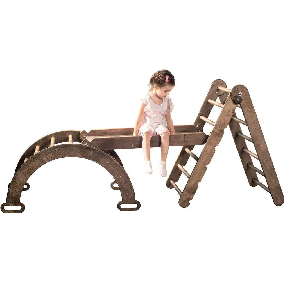 3in1 Montessori Climbing Set: Triangle Ladder + Arch/Rocker Balance + Slide Board – Chocolate