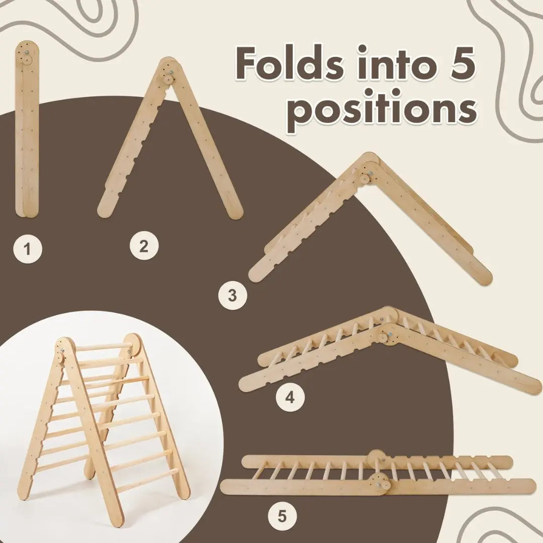 3in1 Montessori Climbing Set: Triangle Ladder + Arch/Rocker Balance + Slide Board – Chocolate