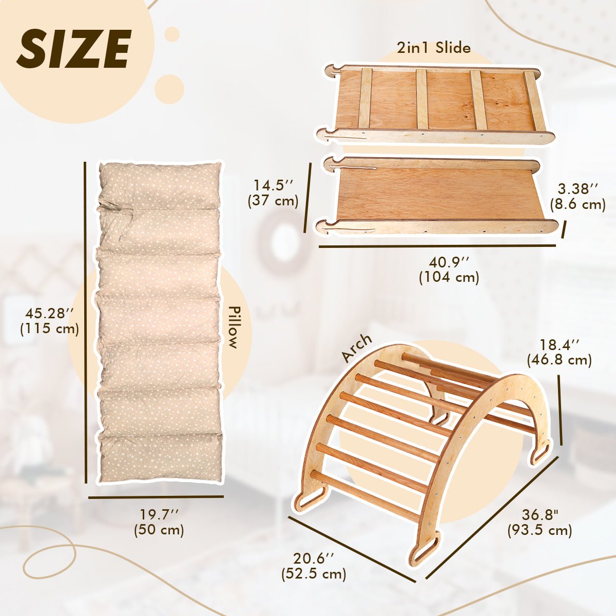 3in1 Montessori Climbing Set: Climbing Arch + Slide Board + Cushion - Beige