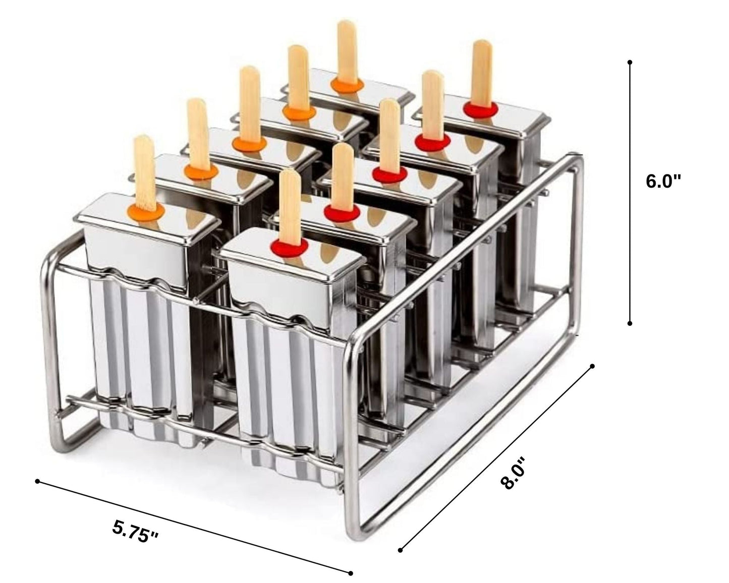 STAINLESS STEEL POPSICLE MOLDS, 10 SQUARE MOLDS, 50 REUSABLE BAMBOO STICKS