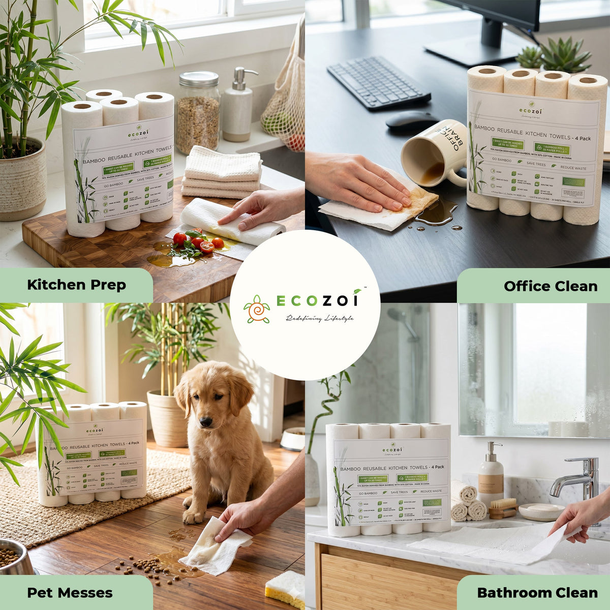 Reusable Bamboo Kitchen Paper Towels - Tree-Free, Eco-Friendly Rolls, 4-Pack