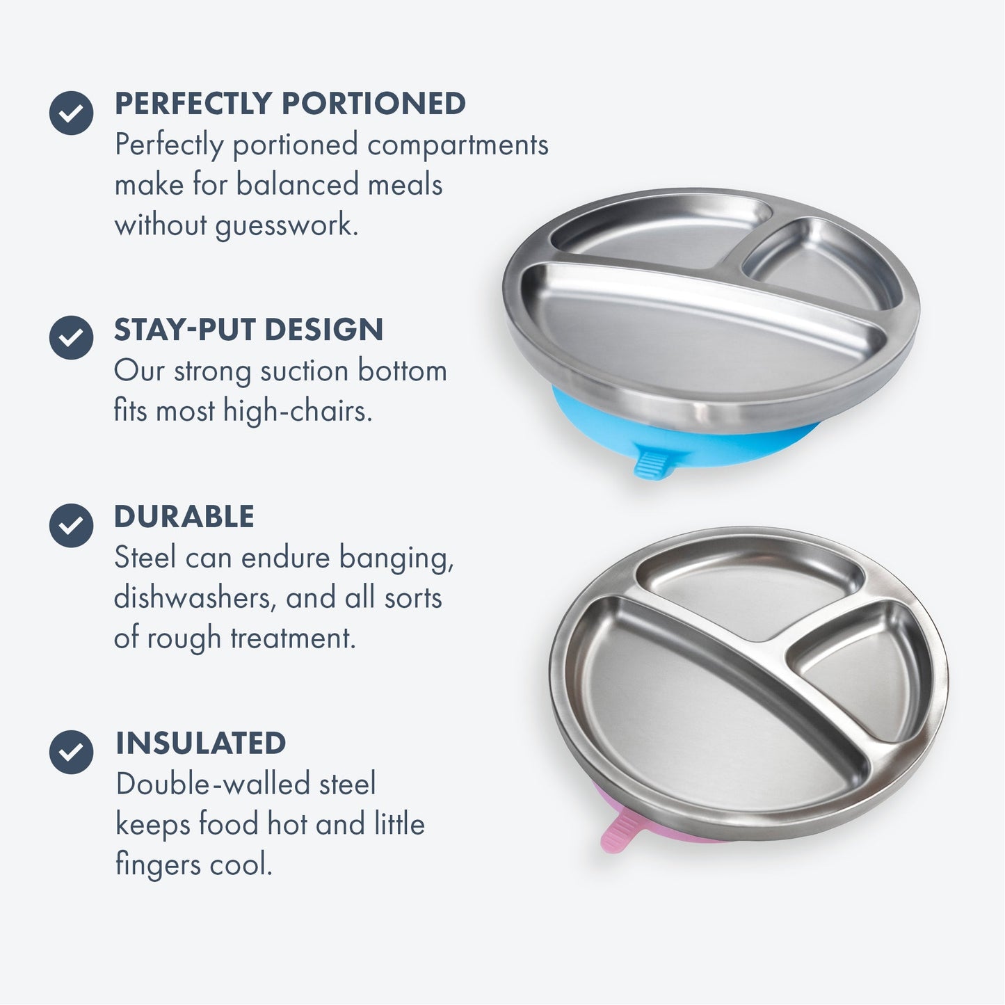 Stainless Steel Baby Plates - BLW Removeable Silicone Suction Cup Divided Plate