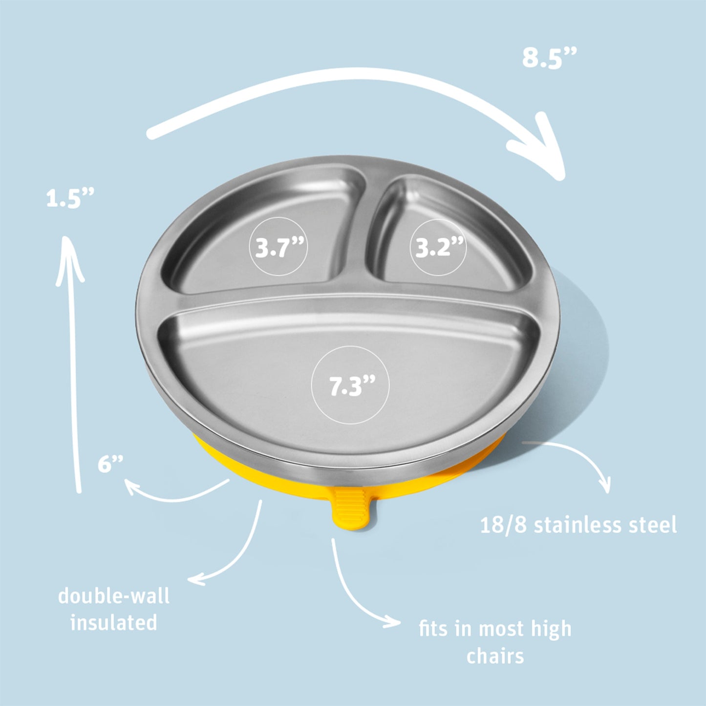 Stainless Steel Baby Plates - BLW Removeable Silicone Suction Cup Divided Plate