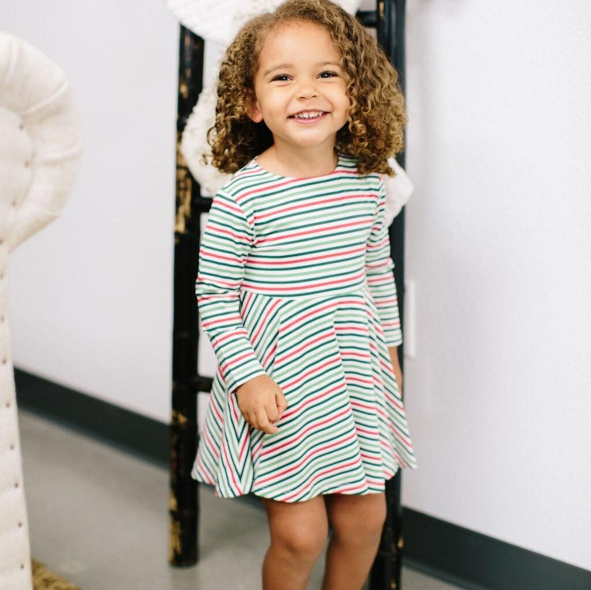 Swirly Girl Dress - Christmas Stripes
