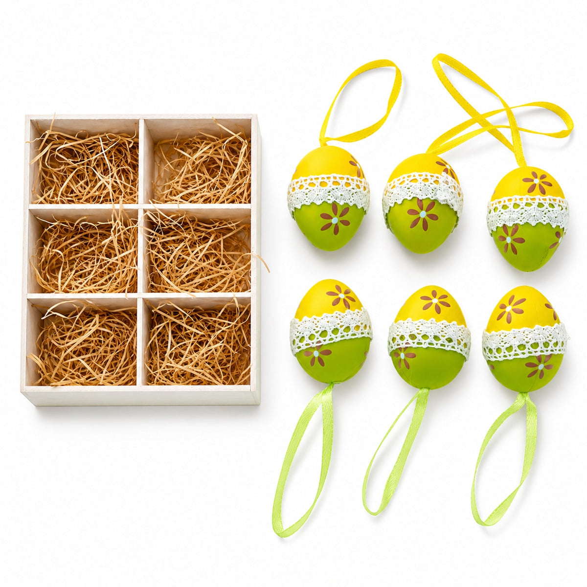 Set of 6 Miniature Hanging Easter Egg Ornaments – Lace-Trimmed Floral Decoration Set for Easter Trees & Home Decor