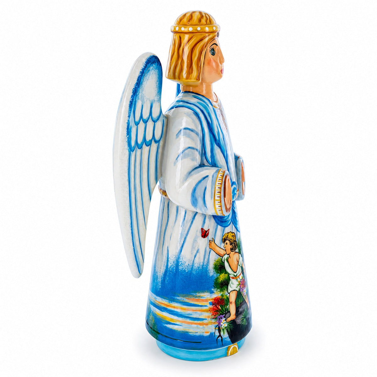 Guardian Angel over Children Ukrainian Hand Carved Solid Wood Figurine 10 Inches