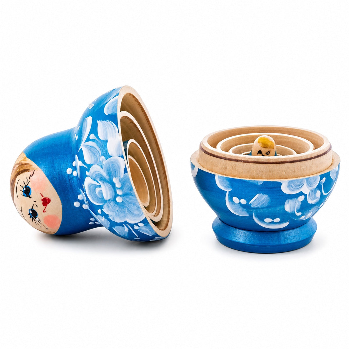 Light Blue Color with White Flower Wooden Nesting Dolls
