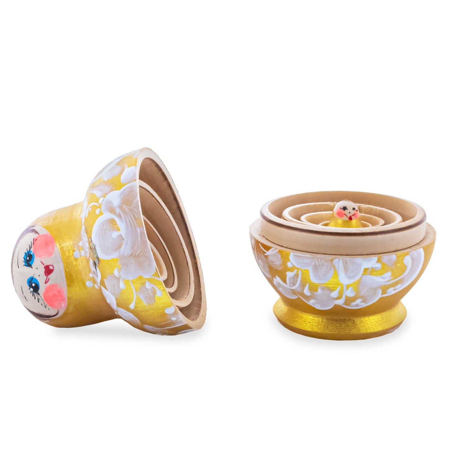 Gold Color with White Flowers Pink Wooden Nesting Dolls