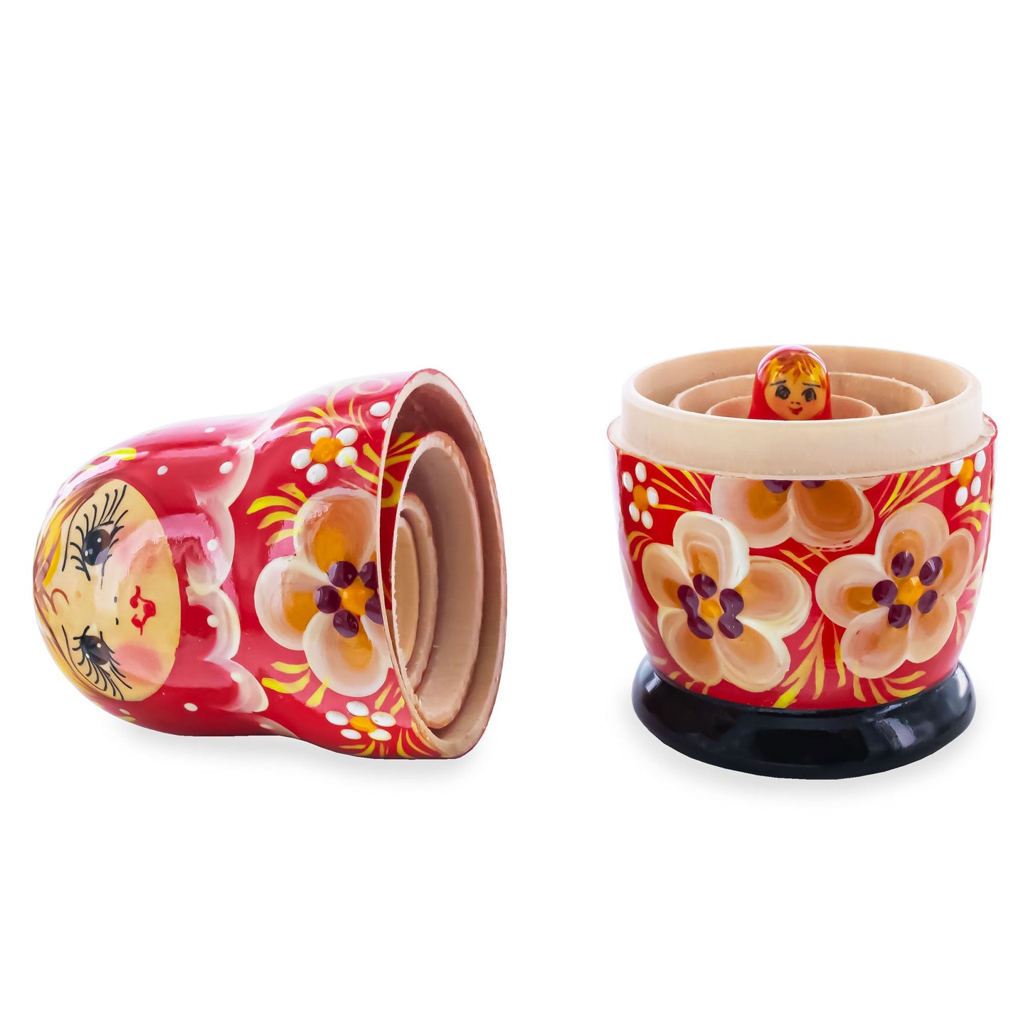 Red Hood with Gold Color Flowers Wooden Nesting Dolls