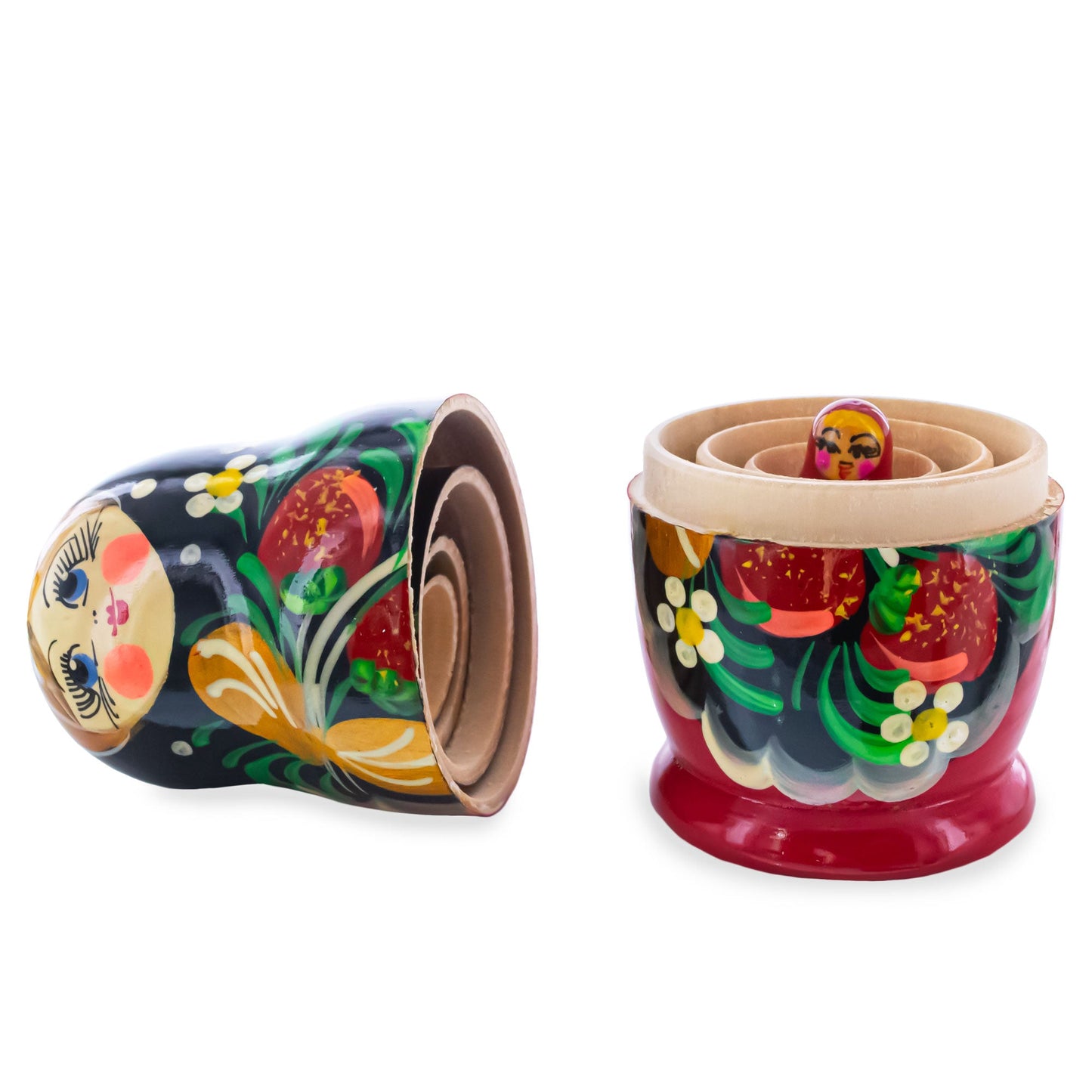 Black Hood with Strawberries Wooden Nesting Dolls