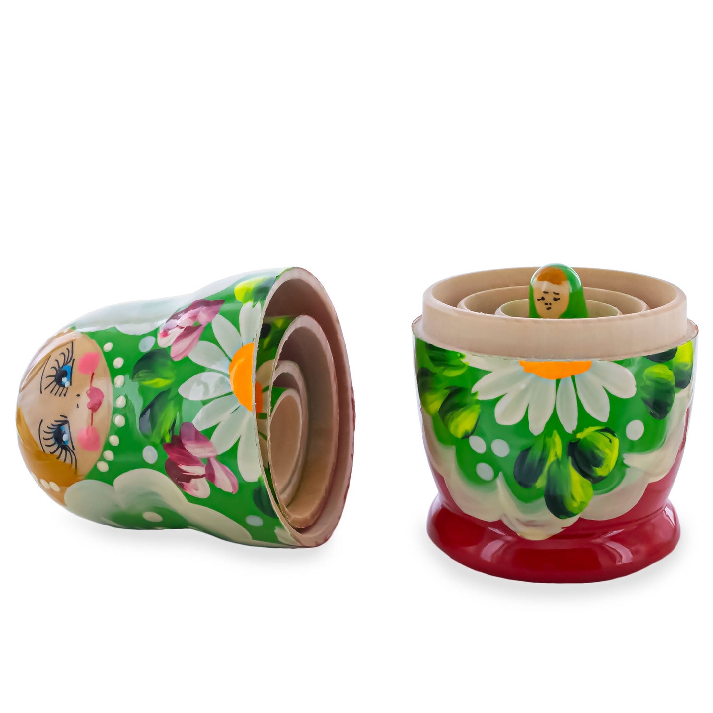 Green Hood with Gold Flowers and Berries Wooden Nesting Dolls