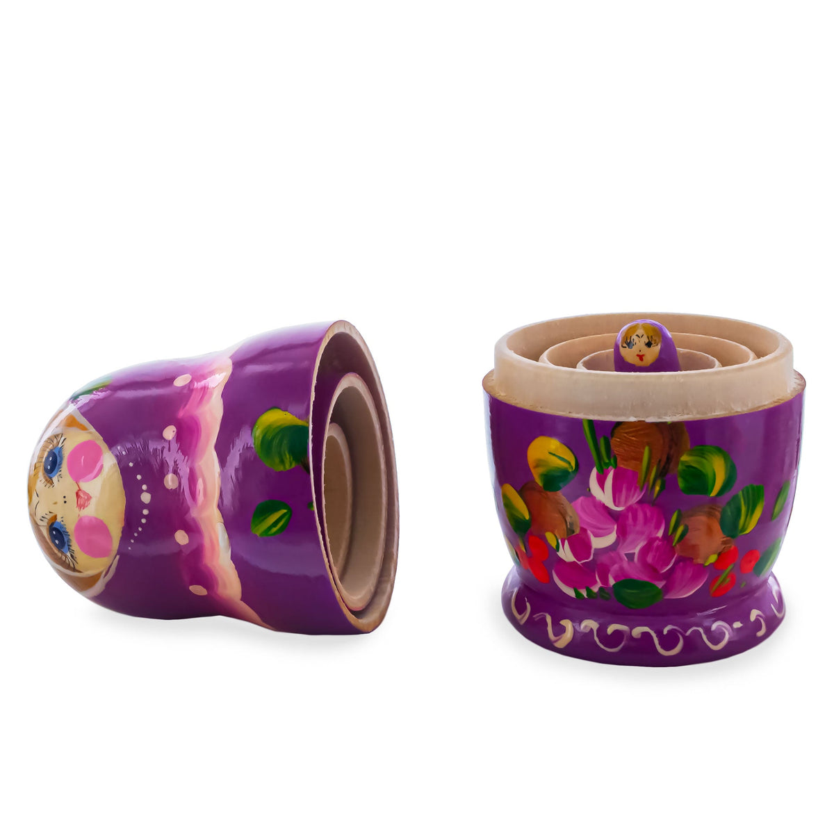 Purple Color with Pink Flowers Wooden Nesting Dolls