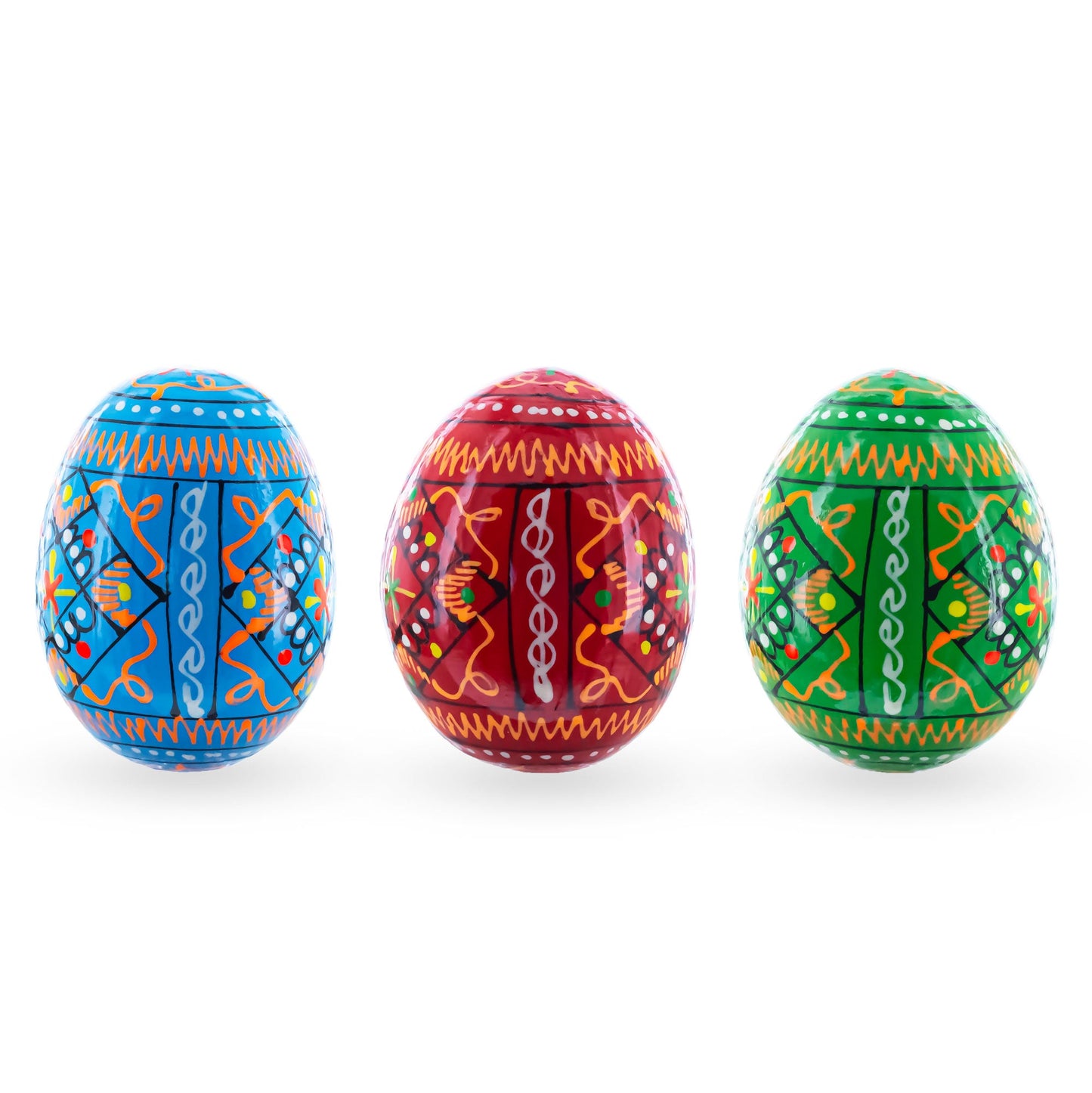 Set of 3 Vibrant Geometric Ukrainian Pysanky Wooden Easter Eggs 2.5 Inches
