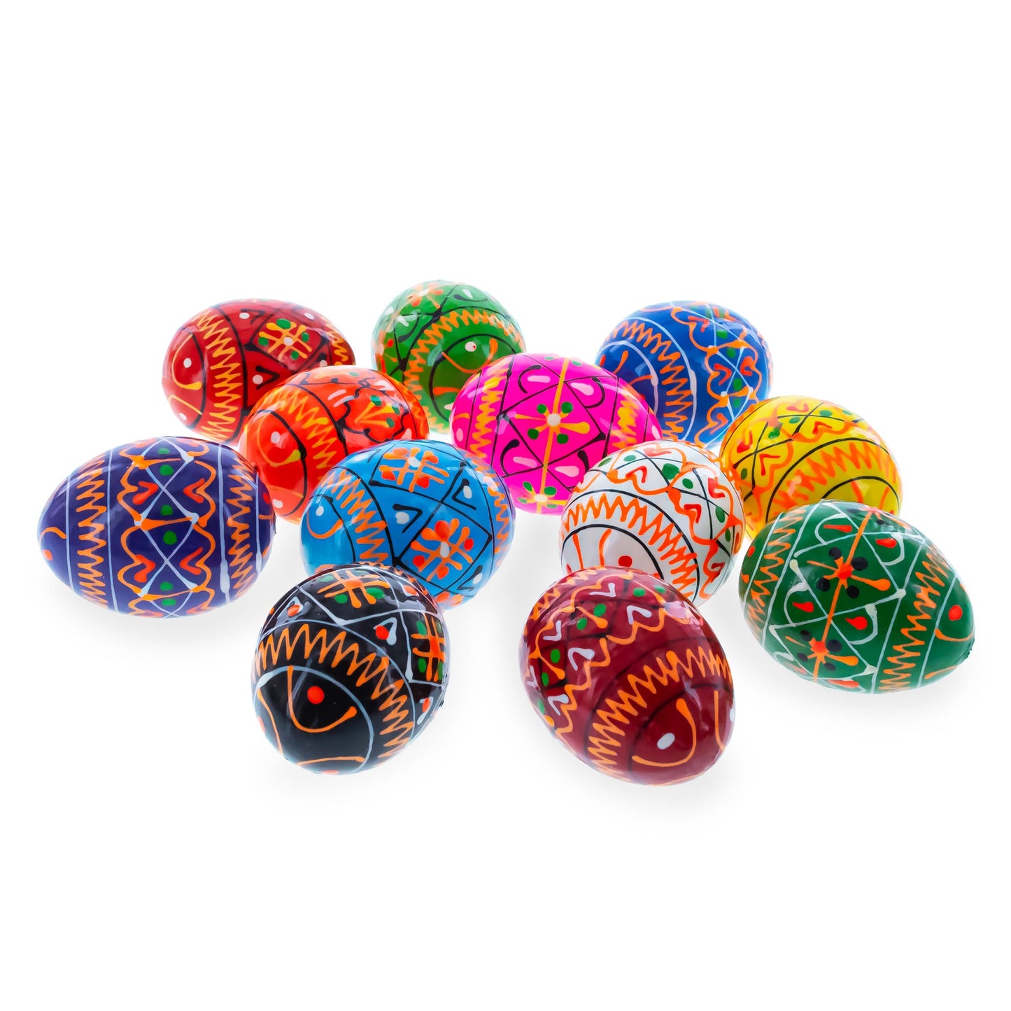 Set of 12 Mini Geometric Ukrainian Pysanky Wooden Easter Eggs 1.6 Inches