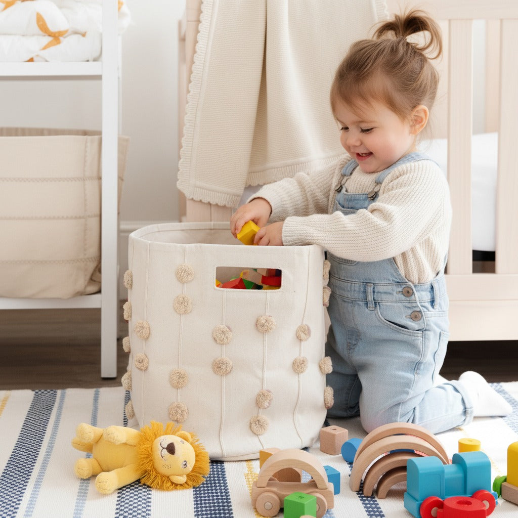 Handmade Canvas Storage Basket Pom Pom - Pecan