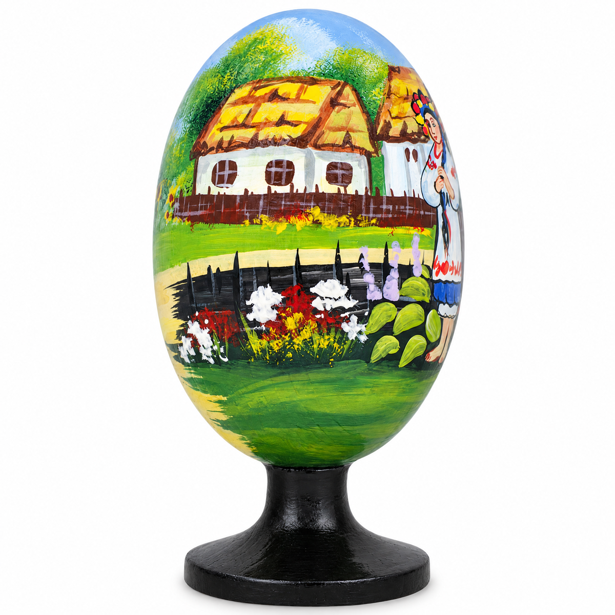 Ukrainian Couple in the Village Wooden Easter Egg Figurine 4.75 Inches