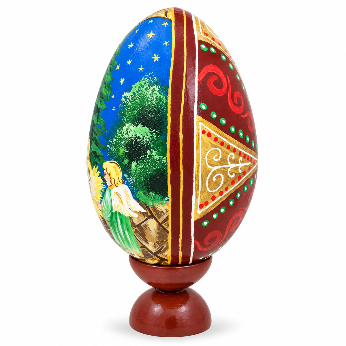 Virgin Mary in Mangle Nativity Scene Wooden Egg Figurine 7.25 Inches