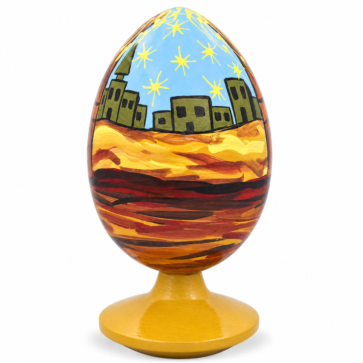 Virgin Mary, Joseph, Jesus, 3 Kings & Lambs Nativity Scene Wooden Egg 4.75 Inch