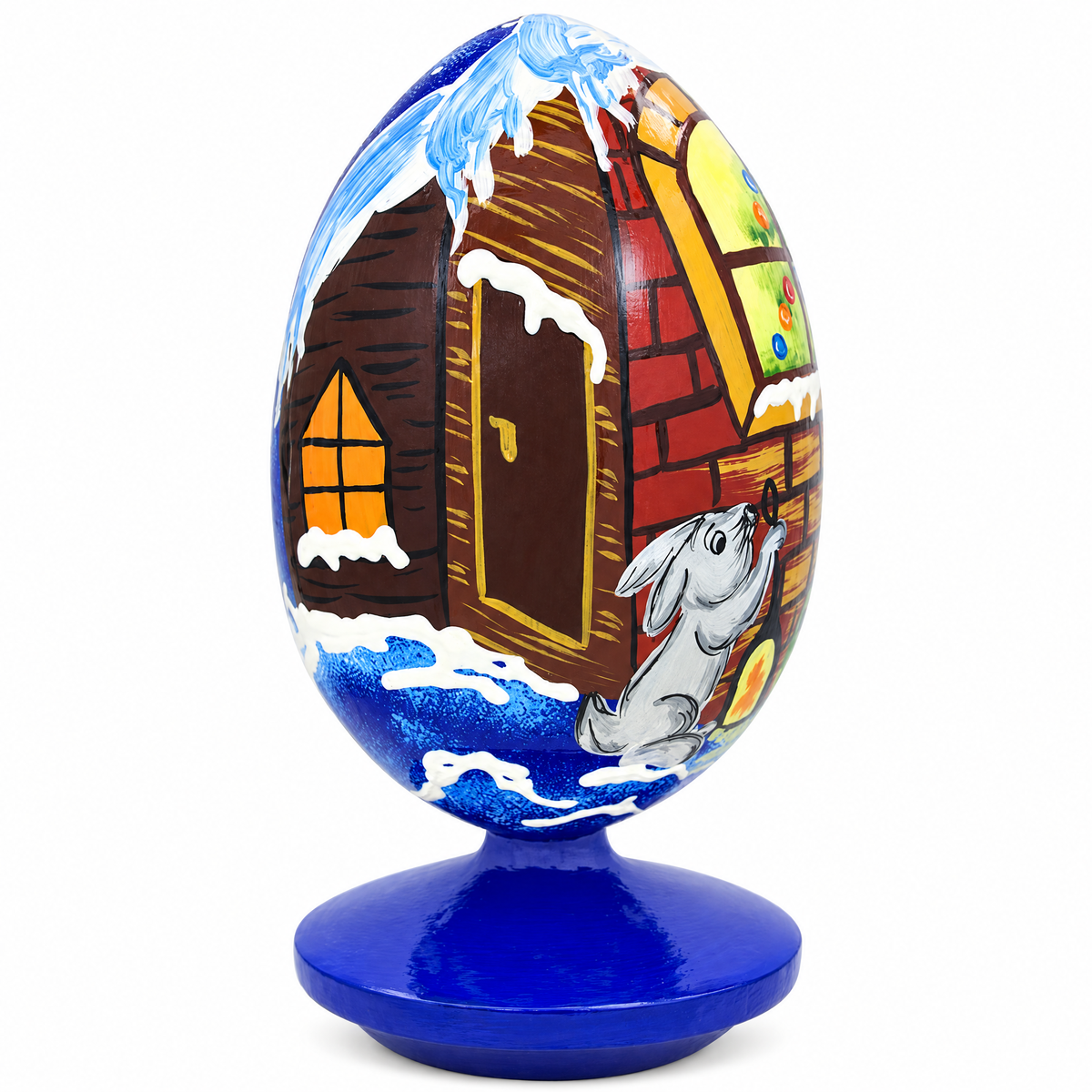 Santa Claus, Bunny Reindeer Looking at the Christmas Tree Wooden Egg 4.75 Inch