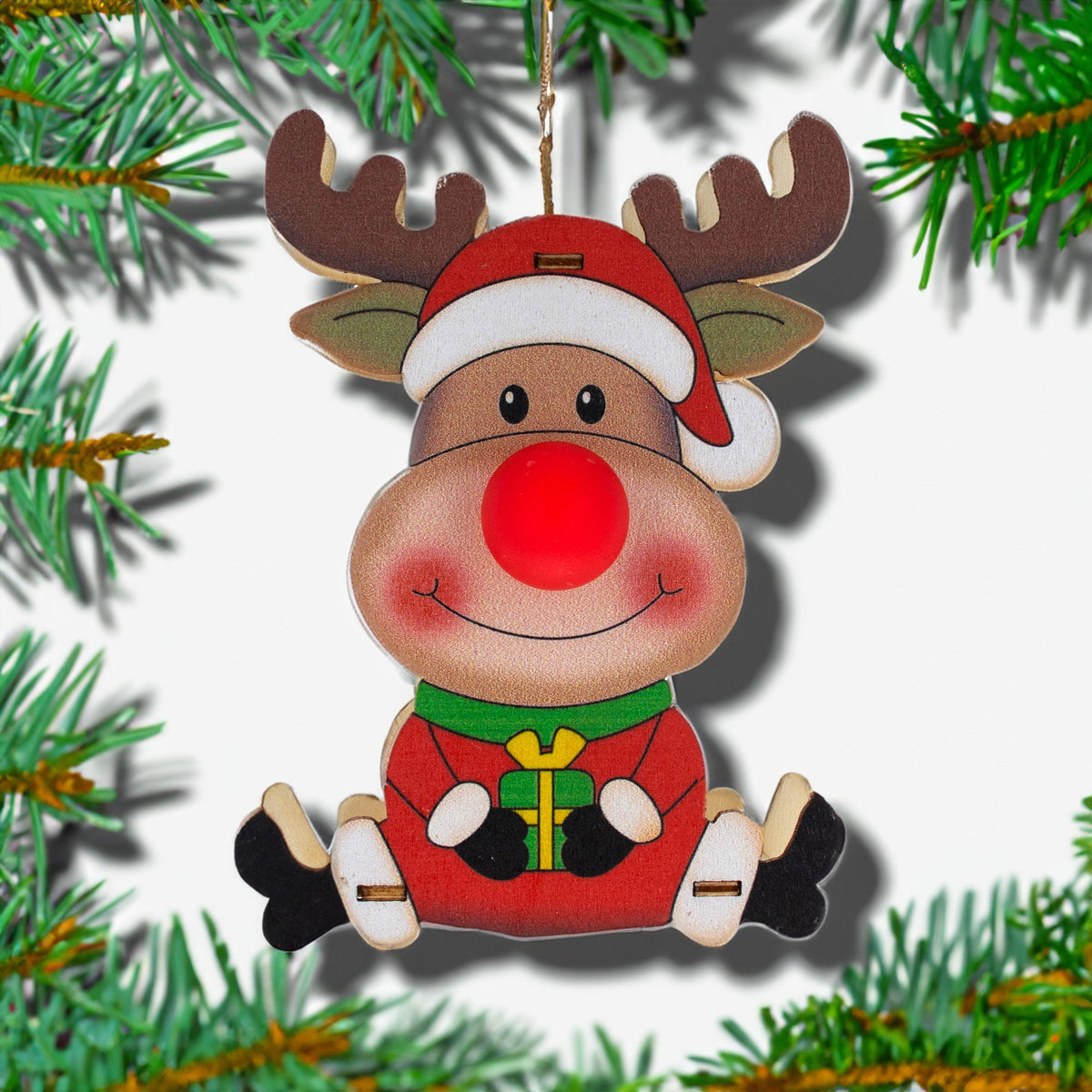 Wooden Reindeer with Present Christmas Ornament with Light Up Nose Cutout