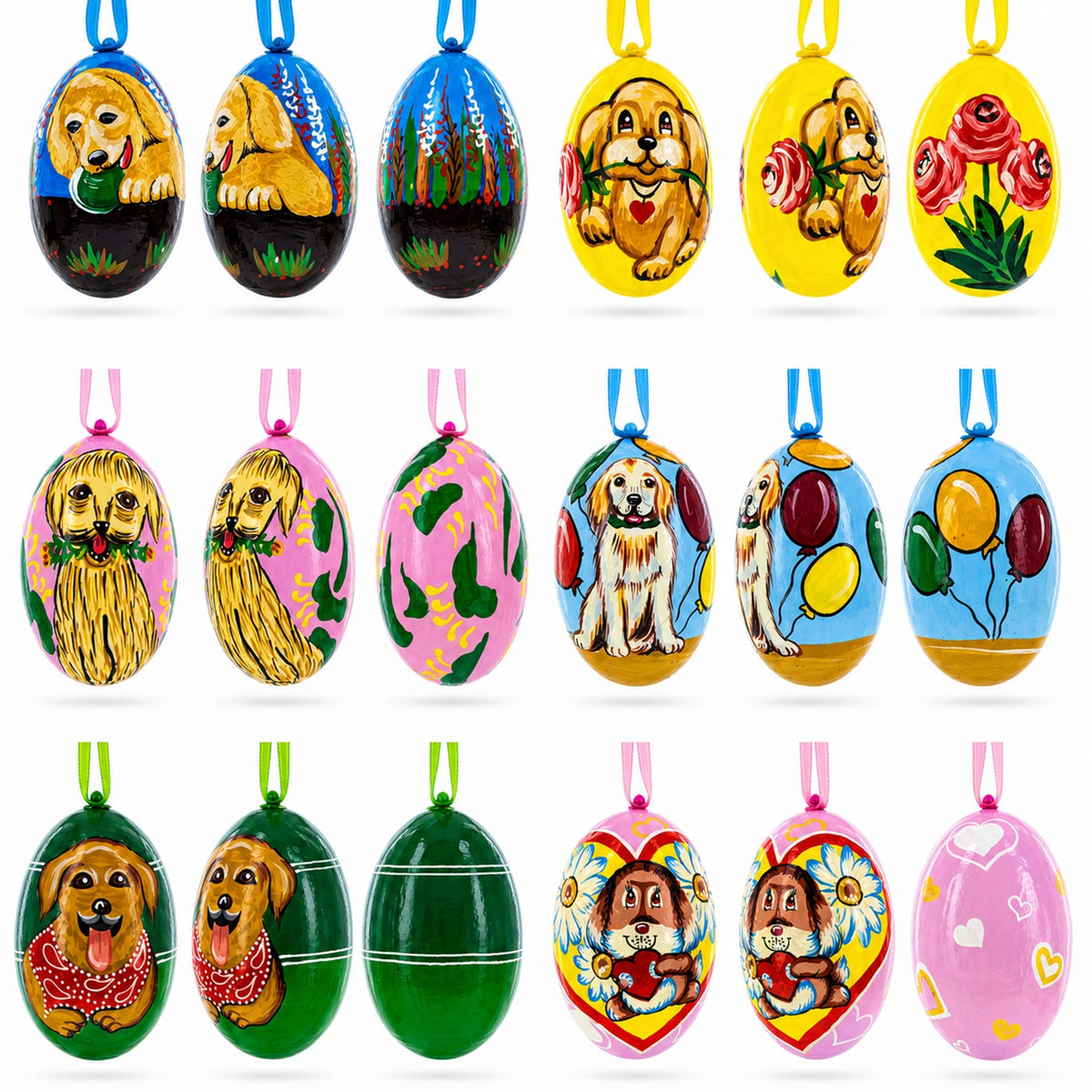 6 Dog Puppies- Golden Retriever and Labrador Wooden Christmas Ornaments 3 Inches
