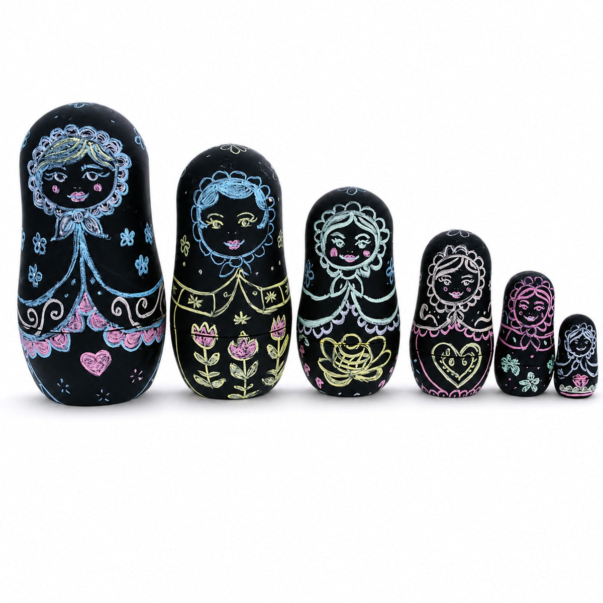 Set of 6 Chalkboard Plastic Nesting Dolls with Color Chalks Reusable DIY Drawing Matryoshka Craft Kit