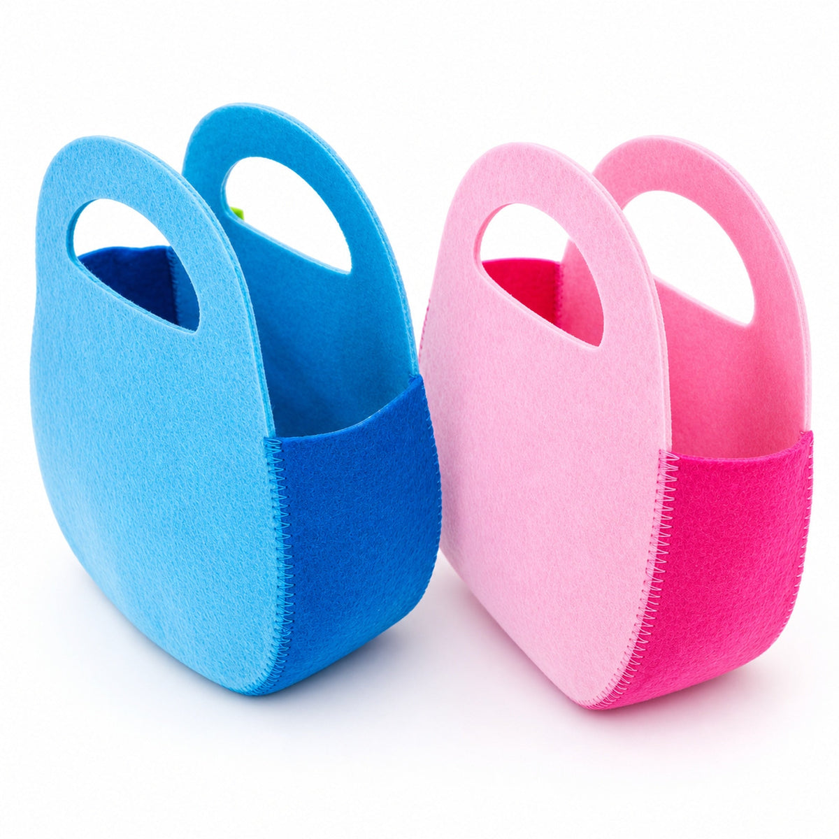 Set of 2 Easter Baskets White Bunnies Pink and Blue Felt Totes 7.5 Inches