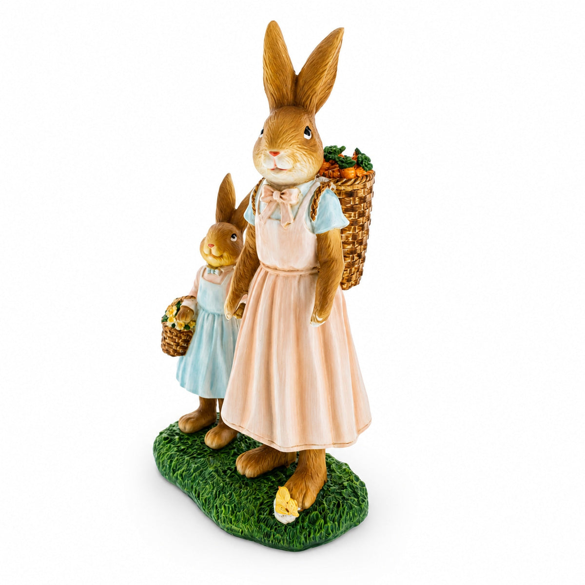 Mother & Child Easter Bunny Figurine – Vintage Style Spring Rabbit Statue with Baskets 11 Inches