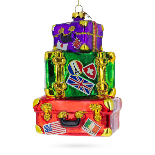 Vintage-Inspired Luggage with Travel Stickers Glass Christmas Ornament