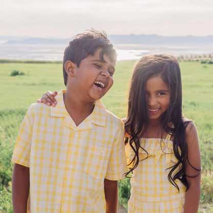 Baby Linen Short Sleeve Camp Shirt - Yellow Plaid Linen