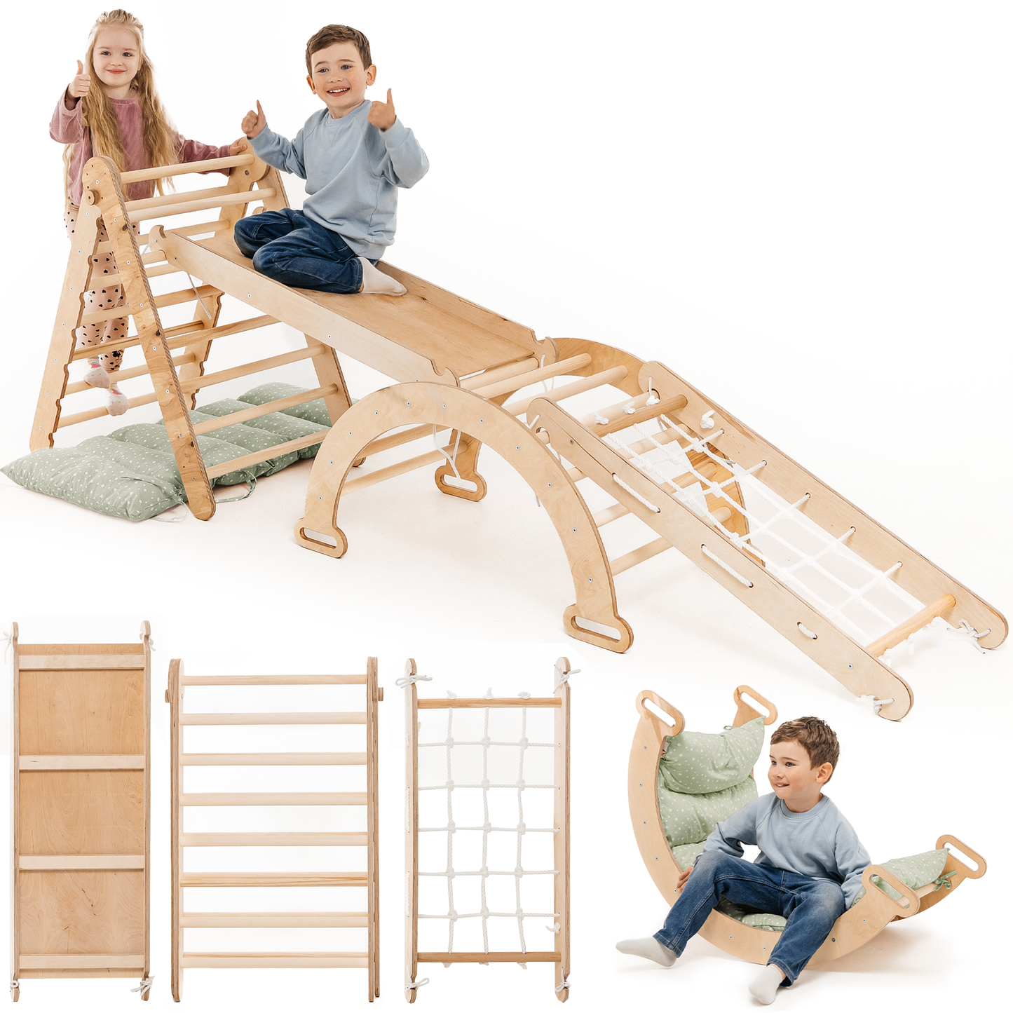 5in1 Montessori Climbing Frame Set: Triangle Ladder + Arch/Rocker + Slide Board/Ramp + Netting rope + Cushion