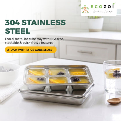 STAINLESS STEEL ICE CUBE TRAYS, 12 Large Cubes, 2 PACK