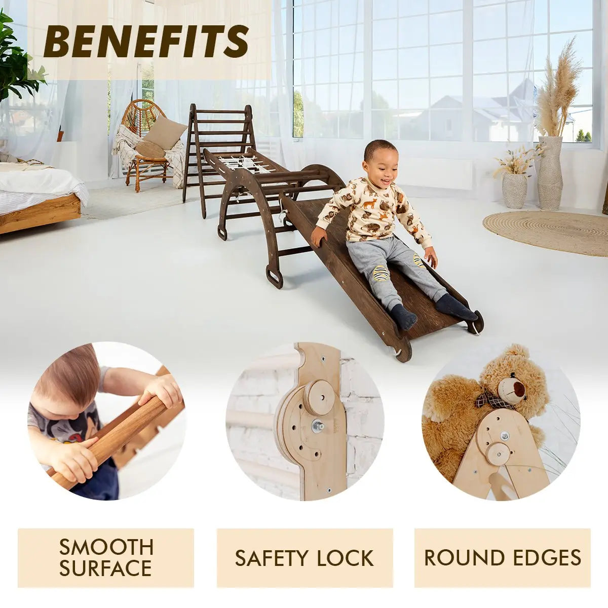 3in1 Montessori Climbing Set: Triangle Ladder + Slide Board + Net – Chocolate