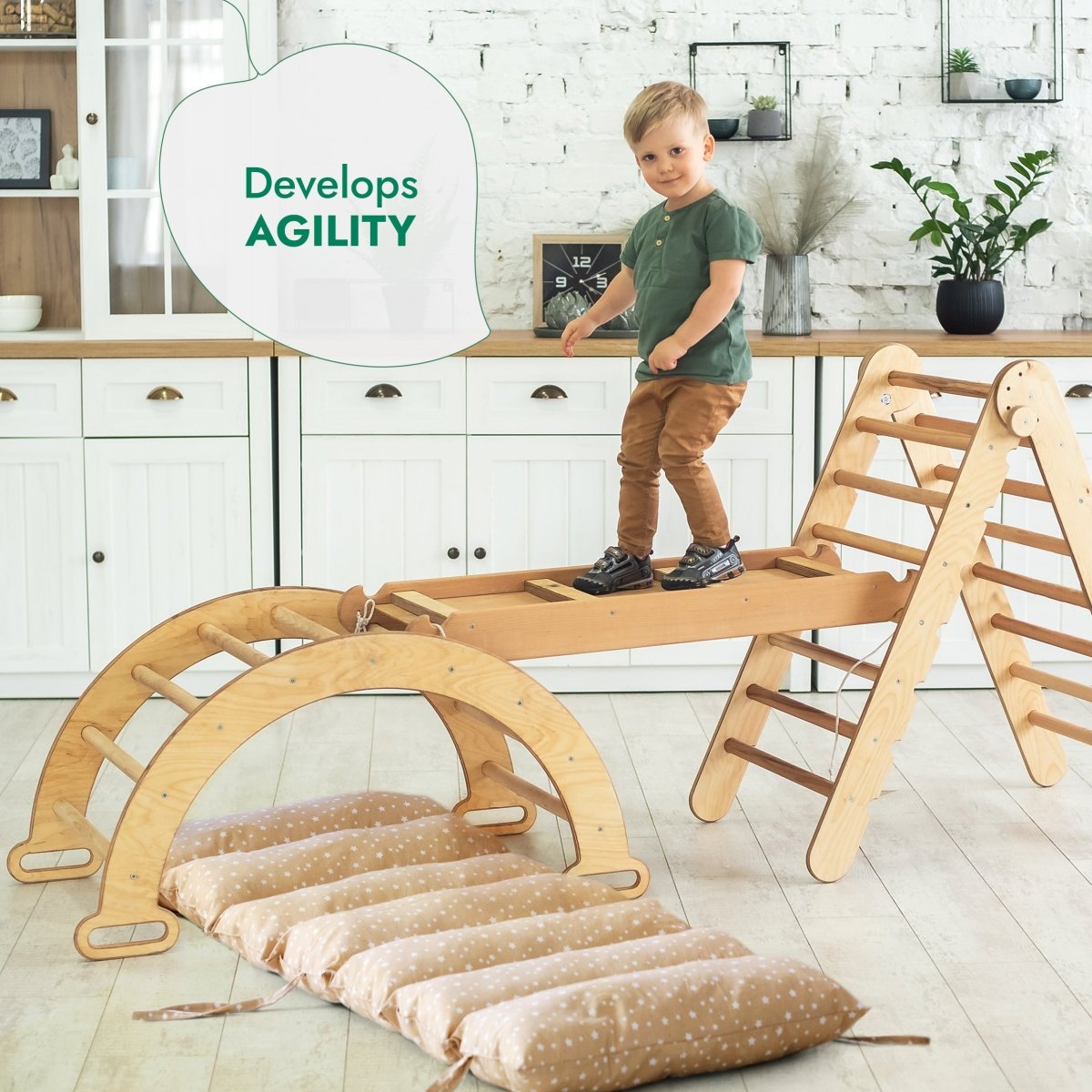 4in1 Montessori Climbing Set: Triangle Ladder + Climbing Arch + Slide Board & Cushion – Beige