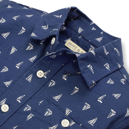 Baby Seersucker Short Sleeve Button Down Shirt - Blue Sailboats Seersucker