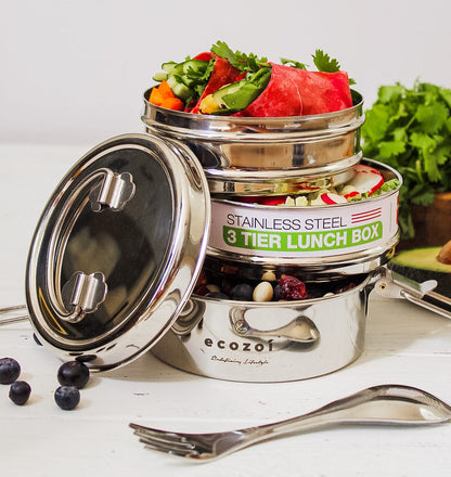 Stainless Steel Lunch Box, 3 Tier Round with Spork, 40 Oz