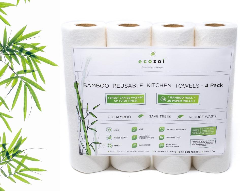 Reusable Bamboo Kitchen Paper Towels - Tree-Free, Eco-Friendly Rolls, 4-Pack