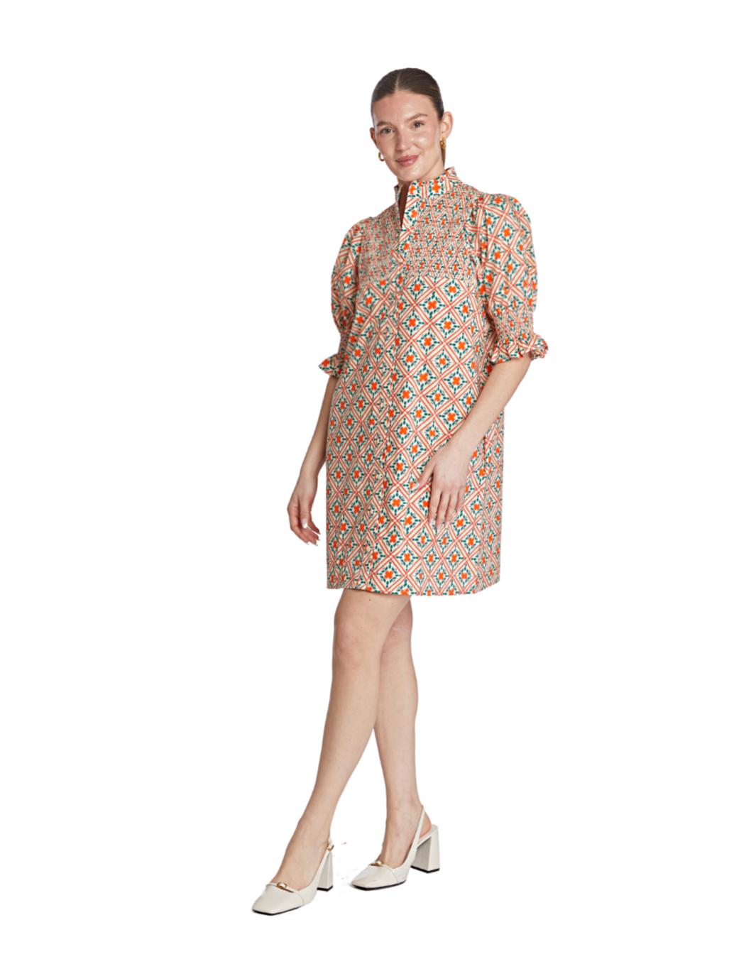 Aubrey Smocked Dress - Orange Tile