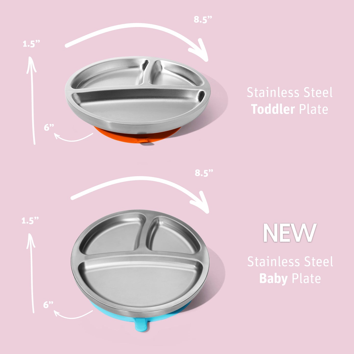 Stainless Steel Toddler Plates - BLW Removeable Silicone Suction Cup Divided Plate