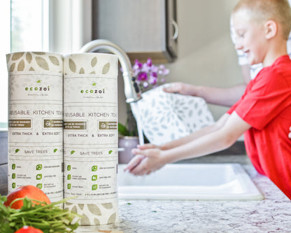 Ecozoi Bamboo Reusable Paper Towels for Kitchen, Tree-Free Rolls with Design, 4 Pack