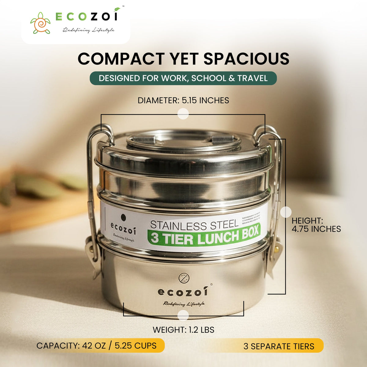 Stainless Steel Lunch Box, 3 Tier Round with Spork, 40 Oz