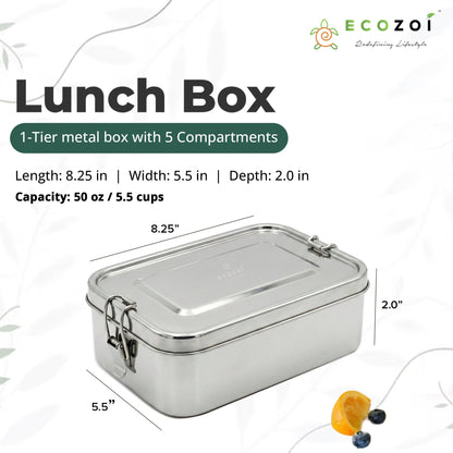 Stainless Steel Lunch Box, 5 Compartment, Leak Proof, 50 Oz