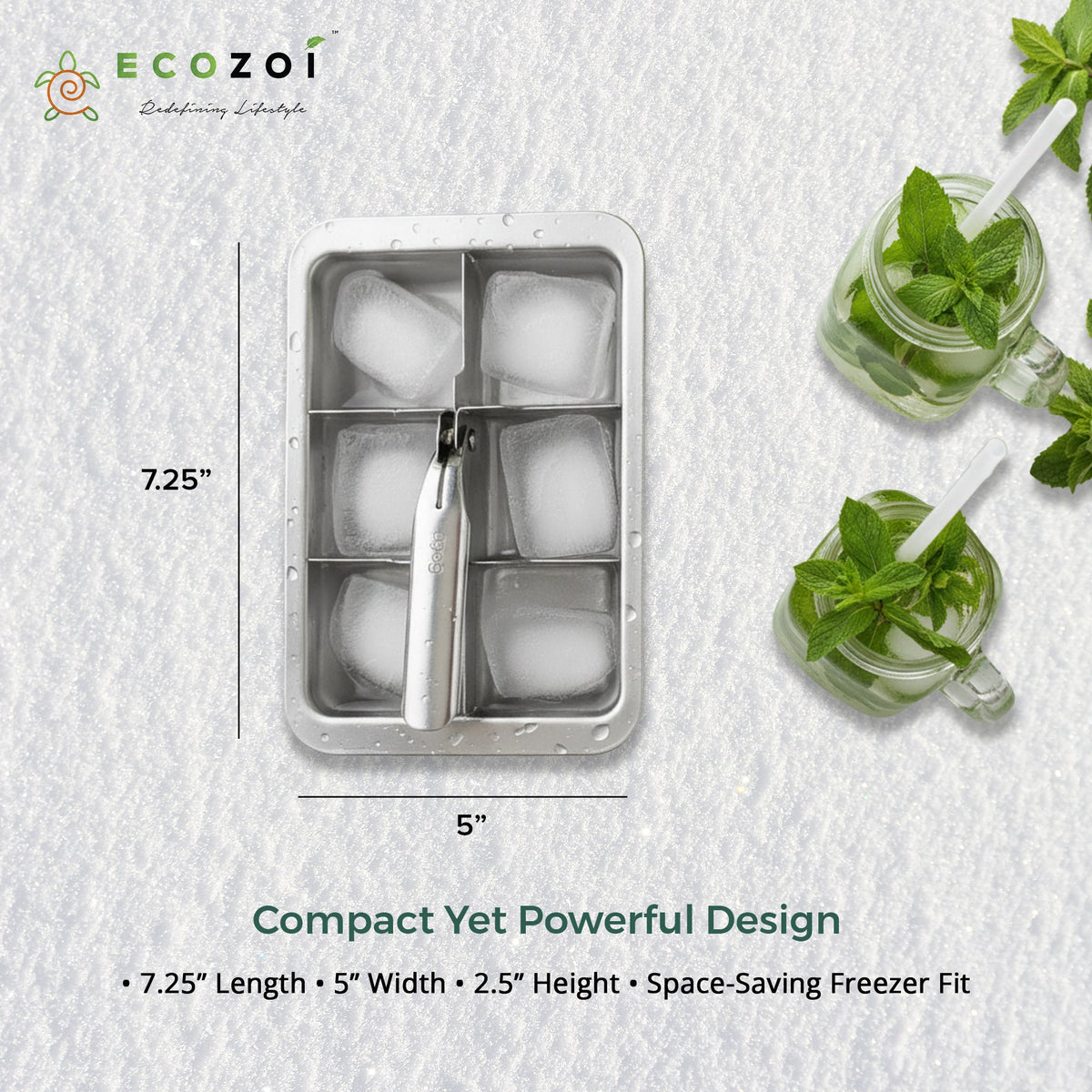 Ecozoi Stainless Steel Ice Cube Trays with Easy Release, 2 Pack, 12 Large Cubes