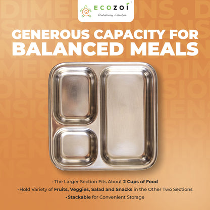 Stainless Steel Dinner Plates, Reusable, 3 Compartments, 2 Pack