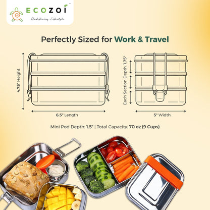 STAINLESS STEEL LUNCH BOX, 3 TIER Leak Proof, 3 COMPARTMENTS, 75 OZ
