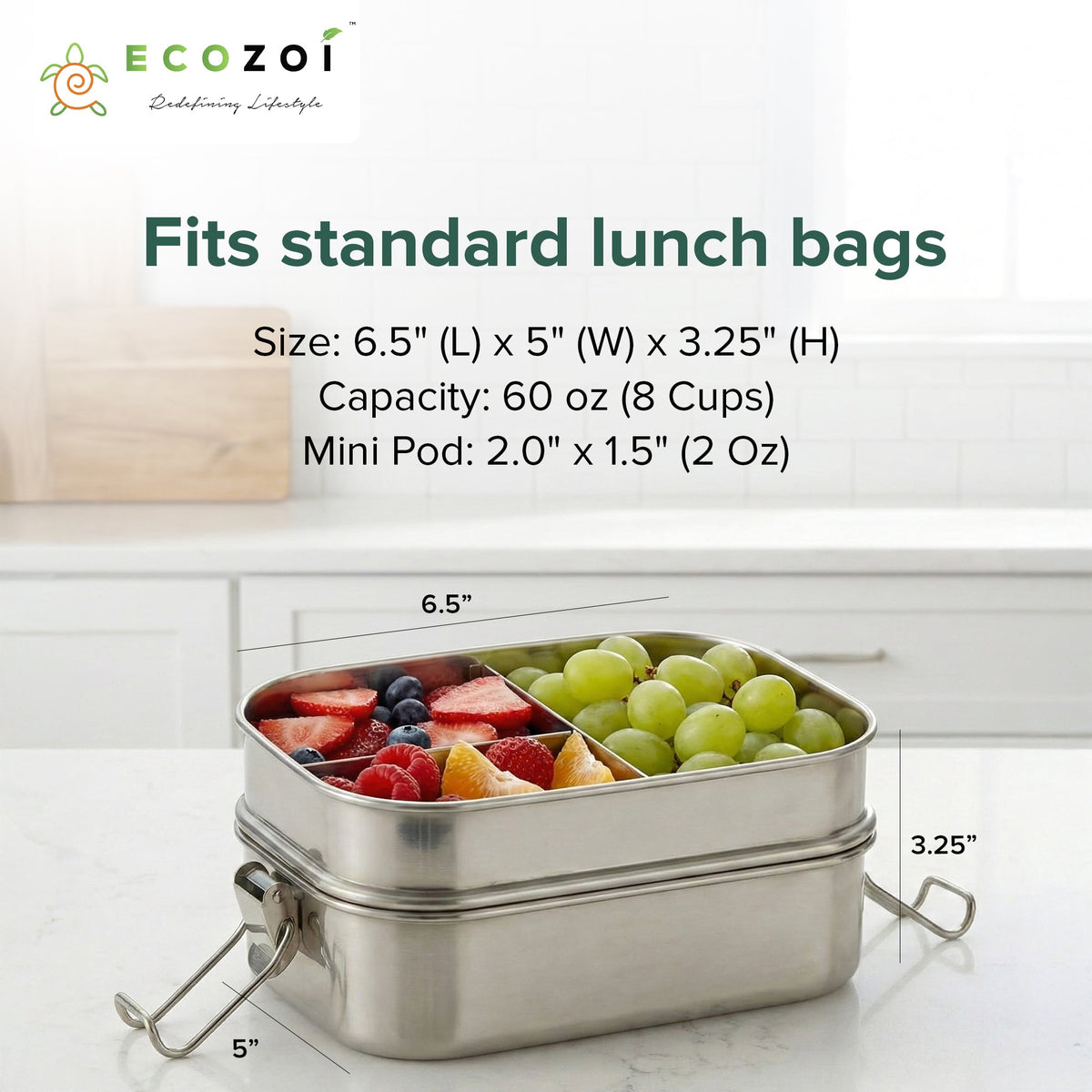 STAINLESS STEEL LUNCH BOX, 2 TIER Leak Proof, 3 COMPARTMENTS, 60 OZ