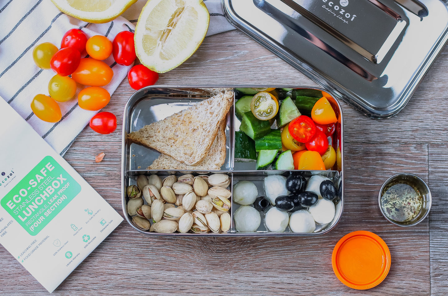 STAINLESS STEEL LUNCH BOX, 4 COMPARTMENT MICROWAVABLE, 50 OZ