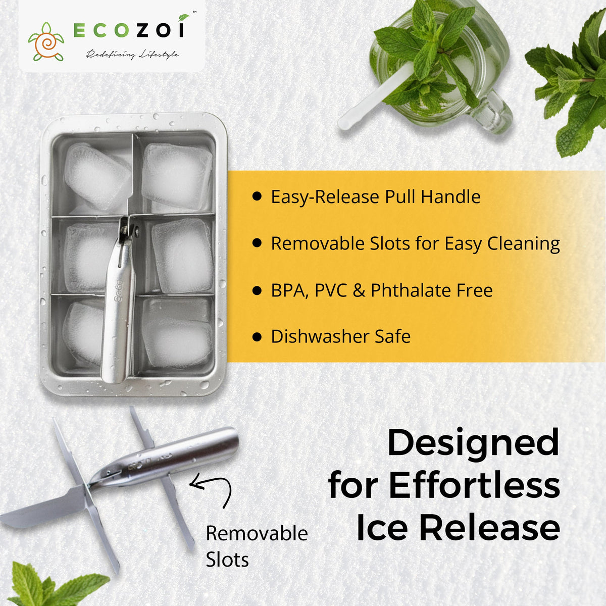 Ecozoi Stainless Steel Ice Cube Trays with Easy Release, 2 Pack, 12 Large Cubes