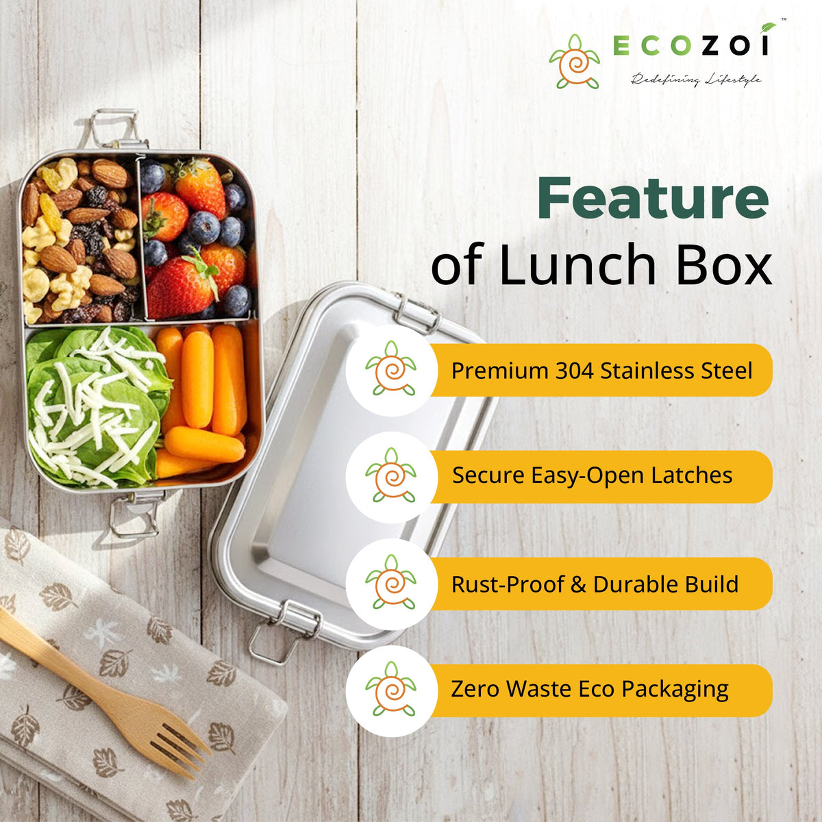 Stainless Steel Lunch Box, 3 Compartment Leak Proof, 50 Oz