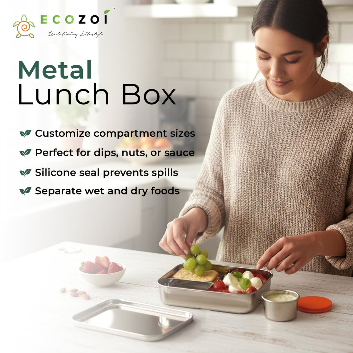 STAINLESS STEEL LUNCH BOX, 2 TIER Leak Proof, 3 COMPARTMENTS, 60 OZ